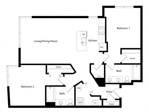 Floor plan for 2 beds, 2 baths, 1360 sqft